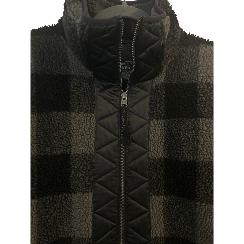 Abercrombie & Fitch Women Fleece Jacket Medium Black Gray Check Quilted Pockets